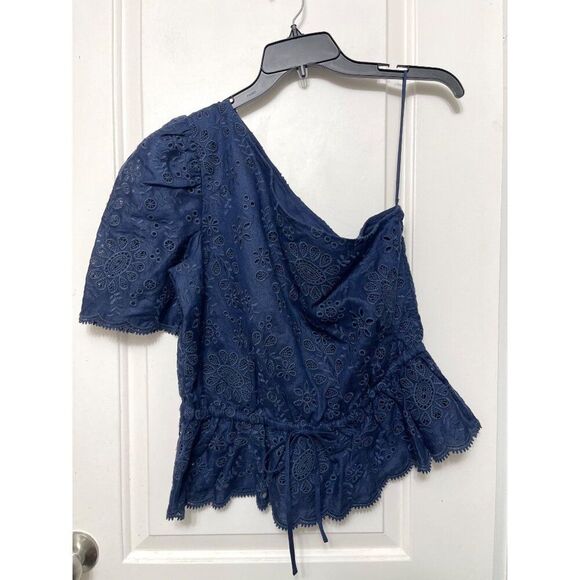 New Polo Ralph Lauren One-shoulder Eyelet Linen top in Navy Size 10 - Picture 5 of 13